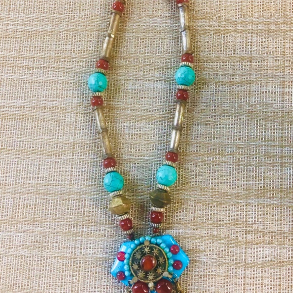Handmade NECKLACE TURQ HOWLITE/CARNELIAN STONE UNIQUE VINTAGE AFGHAN Silver - Picture 5 of 16